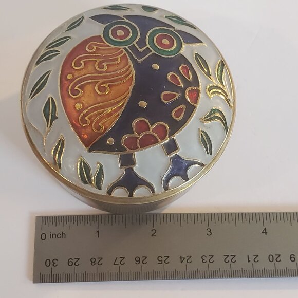 Vintage Enamel Trinket Box Round Brass w/ Lid Painted Owl Design Made in Taiwan - Picture 8 of 9